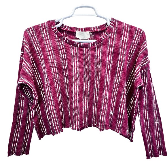 STORIA Cropped Top Size L Crop Long Sleeve Stripes Pullover Round Neck Raw Edge - Picture 5 of 10